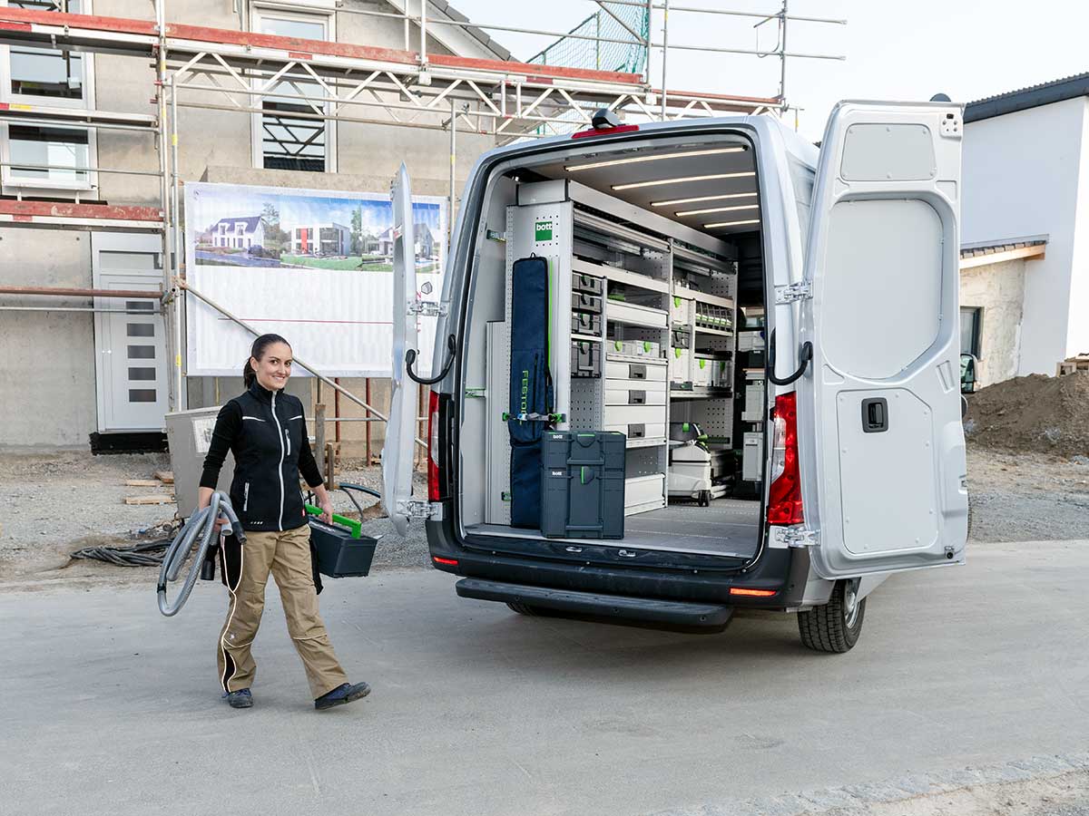 Vehicle equipment for craftsmen, view large transporter for carpenters