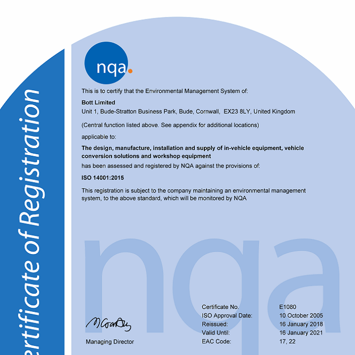 Bott Ltd is certified to ISO 9001 at its three sites in the UK